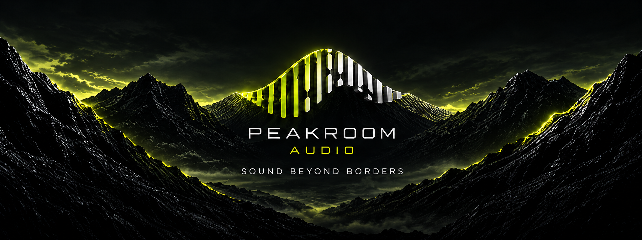 Peakroom Audio — Sound beyond borders. A lime and silver waveform rises over a dark mountain landscape.